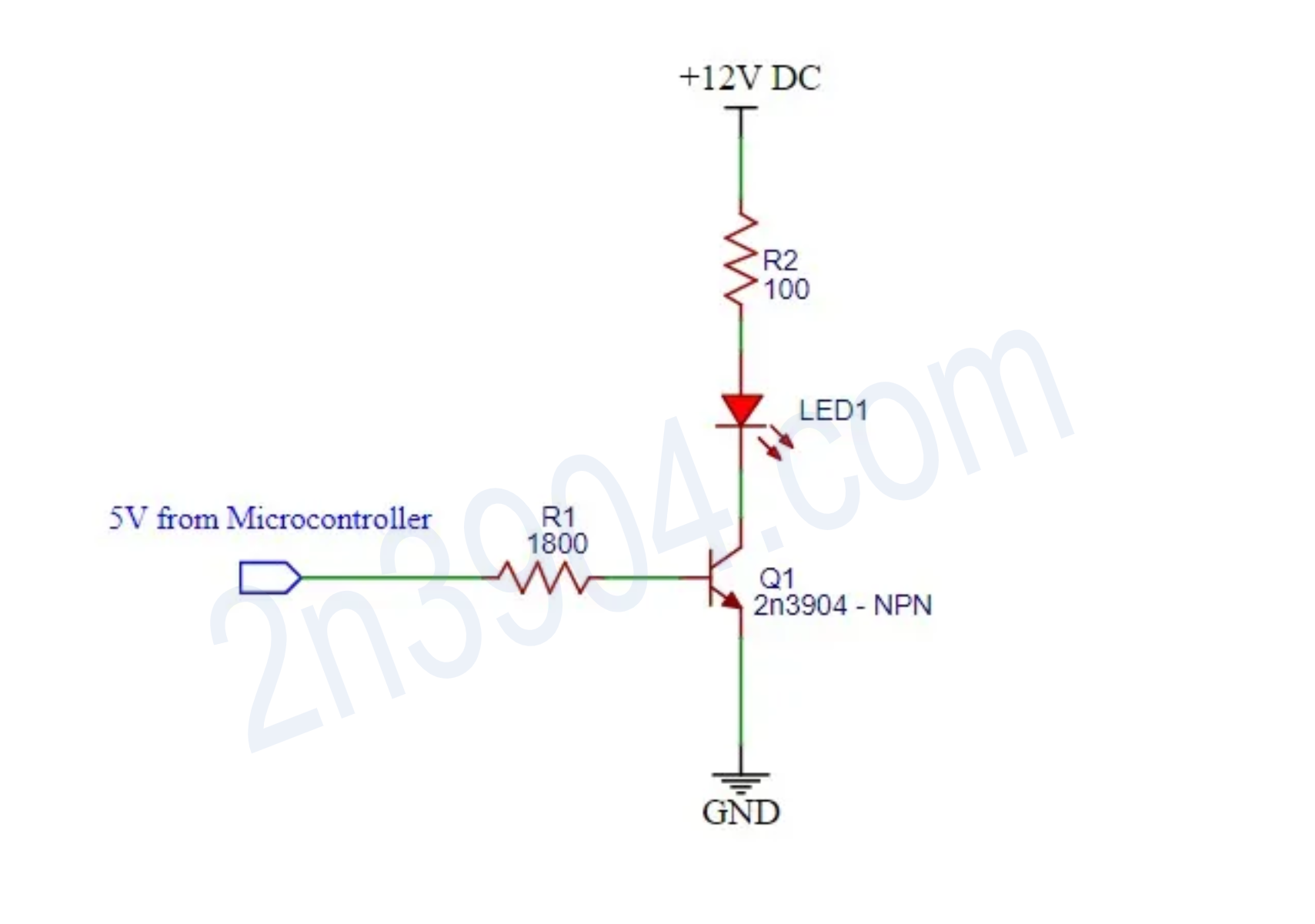 Final schematic of a microcontroller driving a high-power LED through a saturated 2N3904 transistor