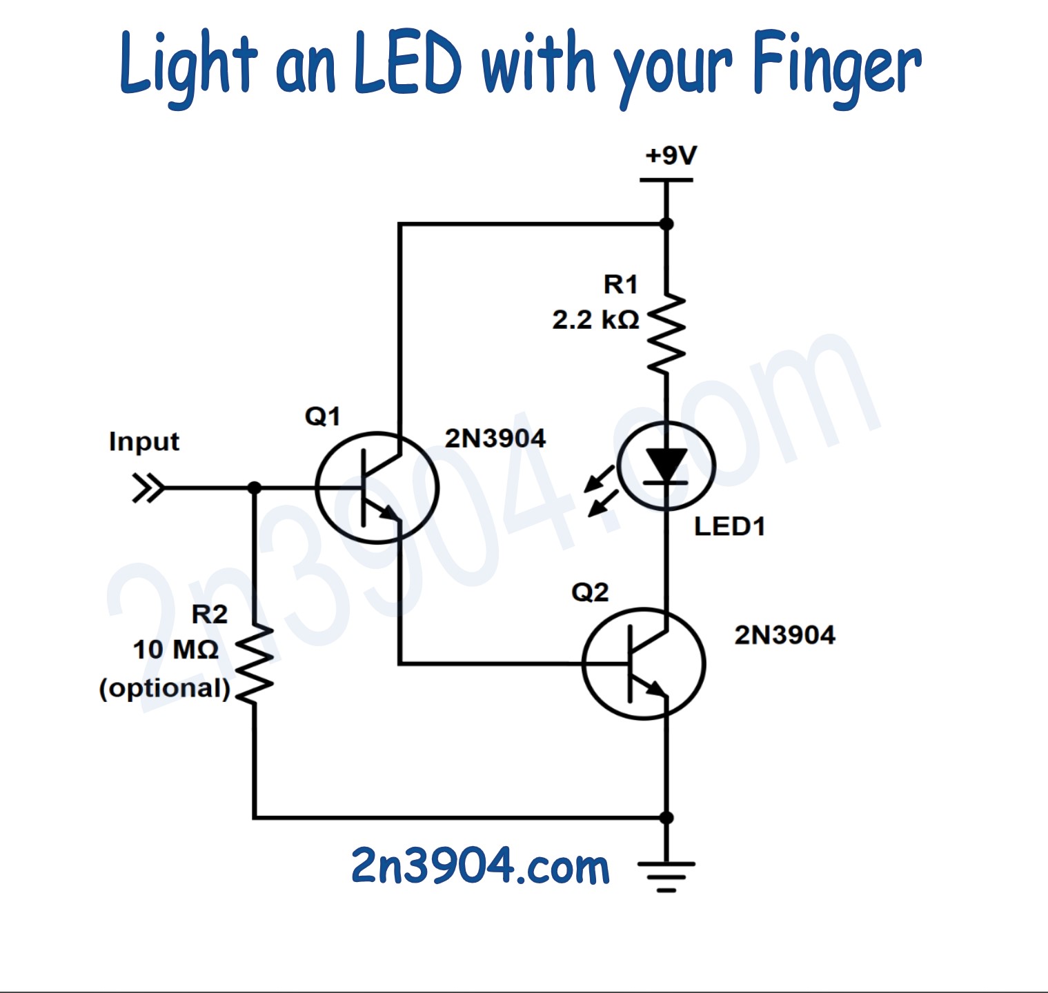 Schematic diagram of a finger activated LED circuit using two 2N3904 transistors in a Darlington pair powered by a 9 volt battery