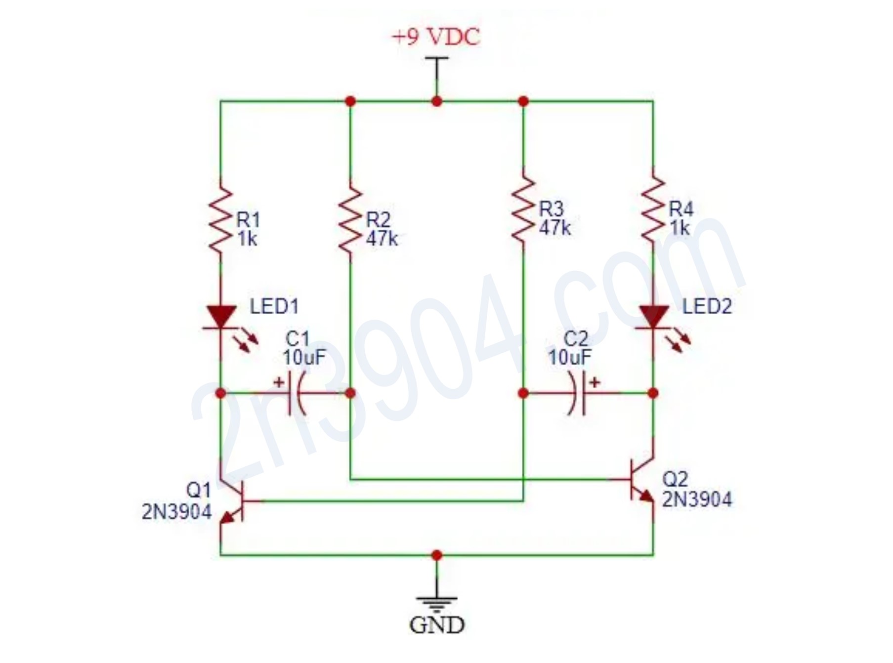 Astable multivibrator schematic using 2N3904 transistors